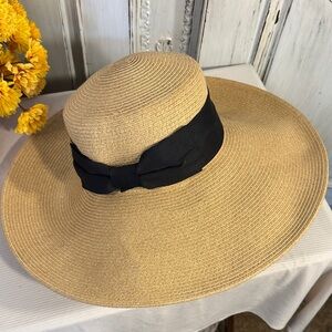 Elegant Tan Sun Hat with Black Ribbon Wide Floppy Brim